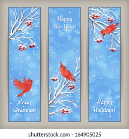 Vertical Christmas banners with birds, Rowan tree branches and berries in frost, snowflakes, text, bokeh elements on blue abstract background. Snowy winter holiday landscape vector design