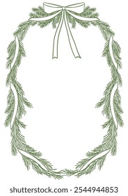 Vertical Christmas border decorated with pine tree branches, bow, ribbon in vintage doodle style for poster, placard or invitations. New Year retro design holiday frame isolated vector illustration.