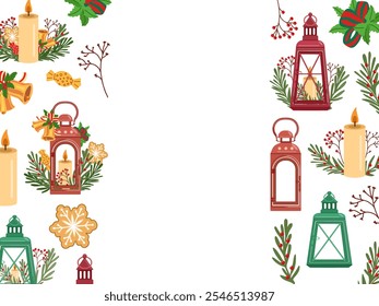 Vertical christmas border with lanterns, candles, holly, and festive decorations. Rectangular template in flat style.