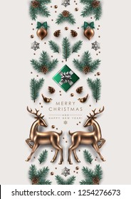 Vertical Christmas Border made of  Realistic Pine Branches, Gift Box, Glass Christmas Ornaments Birds and Deer, Glitter Snowflakes.  Flat lay, top view.