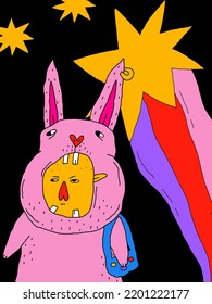 vertical christmas card 2023.Pink rabbit with fireworks.A man dressed as a bunny for the new year.1970 psychedelic style. Hippie and groovy hand drawn. 80s social poster.Modern naive art character