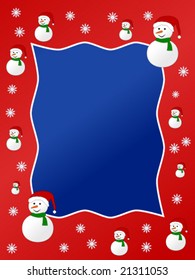 Vertical Christmas card with blue text box and red background filled with repeated snowmen and snowflakes
