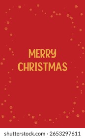 Vertical Christmas card with a bright red background, elegant golden "Merry Christmas" text in the center, and shiny gold snowflakes forming a festive decorative frame along the edges.