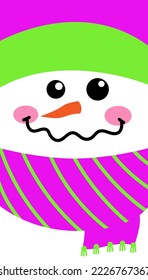 Tarjeta de navidad vertical o diseño de icono con muñeco de nieve. Hombre de nieve con bufanda y sombrero rosa y verde. Ilustración de navidad vectorial.