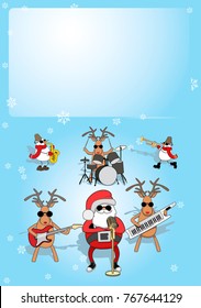 vertical Christmas card. singing Santa, reindeer and snowmen play music. place for text. vetor