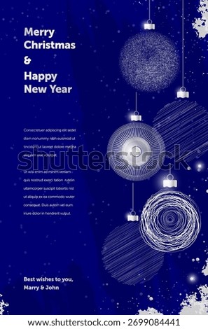 Vertical christmas card with stylized abstract christmas balls on blue background and copy space for your text. Vector illustration.