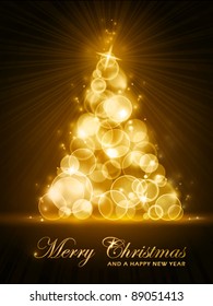 Vertical Christmas card with stylized golden glowing Christmas tree made out light dots. EPS10