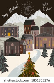 Vertical Christmas card in warm traditional colors, with the words "Happy New Year", "Merry Christmas" and "Hello Winter". Vector New Year's illustration.