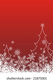 Vertical Christmas composition. In the foreground white snowflakes. Behind them there are three fur-trees, one big and two small.