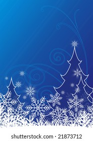 Vertical Christmas composition. In the foreground white snowflakes. Behind them there are three fur-trees, one big and two small.