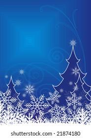 Vertical Christmas composition. In the foreground white snowflakes. Behind them there are three fur-trees, one big and two small.