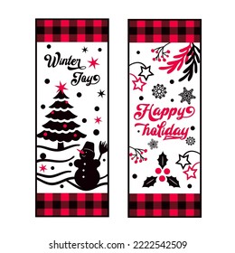 Vertical Christmas design with congratulations and red and black plaid border. Design for vertical posters, cards, candles, glasses