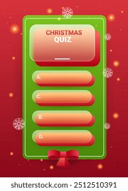 Vertical Christmas glass morphism quiz game template. Holiday test app vector illustration