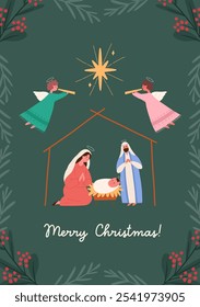 Vertical Christmas greeting card with nativity scene, cartoon flat vector illustration. Baby Jesus with virgin Mary and Joseph, angels and Bethlehem star.