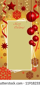 Vertical, Christmas, greeting composition with Christmas decorations. New Year's art, New Year's card with red balls, stars, snowflakes, serpentine.