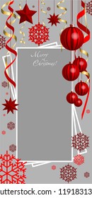 Vertical, Christmas, greeting composition with Christmas decorations. New Year's art, New Year's card with red balls, stars, snowflakes, serpentine.