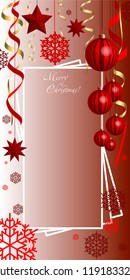 Vertical, Christmas, greeting composition with Christmas decorations. New Year's art, New Year's card with red balls, stars, snowflakes, serpentine.