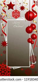 Vertical, Christmas, greeting composition with Christmas decorations. New Year's art, New Year's card with red balls, stars, snowflakes, serpentine.