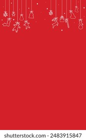 Vertical Christmas hanging elements vertical red background Christmas and New year Holiday Decorative Outline Elements. New Year and Christmas Gift Card Template, Flyer, Layout or Banner Template.