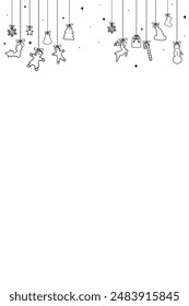 Vertical Christmas hanging elements vertical white background Christmas and New year Holiday Decorative Outline Elements. New Year and Christmas Gift Card Template, Flyer, Layout or Banner Template.