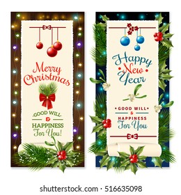 Vertical christmas holiday congratulations banners with mistletoe balls and light effects flat isolated vector illustration