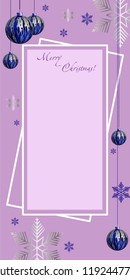 Vertical Christmas illustration, with blue - silver balls and blue snowflakes. Christmas decoration and congratulations. Christmas art. Christmas card.
