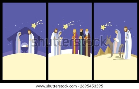 Vertical Christmas Illustrations Set. Modern minimalist Nativity illustrations set in vertical mobile format. Holy family, wise men, and journey to Egypt — simple geometric Christmas design collection
