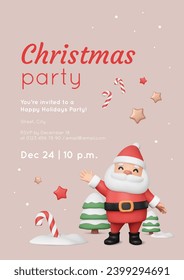 Vertical Christmas invitation template with cute 3D Santa Claus, snowy trees, candy cane and stars on elegant background. Character in plastic style. Vector illustration. Holiday print.