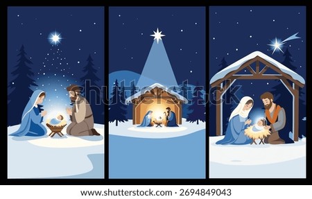 Vertical Christmas Nativity Scenes – Holy Night Illustrations for Mobile Projects. A collection of three vertical nativity illustrations. Perfect for Christmas mobile backgrounds, social media etc