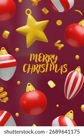 Cartel de Navidades de Vertical con adornos rojos y blancos 3D, estrella dorada y confeti festivo sobre un fondo de color borgoña. Diseño de tarjeta de felicitación de Festiva, ideal para historias, pines, volantes, campañas de temporada.