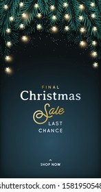 Vertical Christmas Sale banner. Holiday design with fir tree and lights garland. Great for banners, flyers, social media.