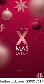 Vertical Christmas sale banner for your project. Realistic balloons hanging on red background. Design for Stories, Social media.