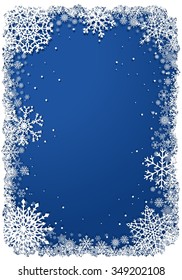 Vertical Christmas snowflakes frame over blue background. Vector illustration.