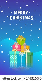 Vertical Christmas template for social media. Christmas banner. Stacked gift boxes on blue gradient background. Winter holiday with pile presents. Vector illustration.