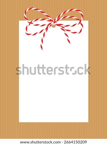 Vertical Christmas white frame, tag, empty text box on striped kraft background, gift tied up with cotton red rope bakers twine bow and ribbons. Packing string for present for New Year. Vector EPS10