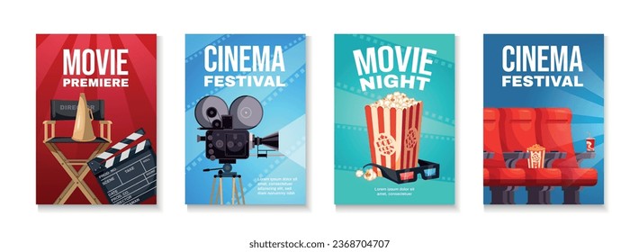 Vertical cinema movie premiere posters set in flat style with camera director chair popcorn isolated vector illustration