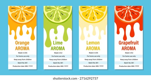 Conjunto de Rótulos de Citros Verticais com Design de Fruta Gotejando. Etiquetas desenhadas à mão de limão, cal e toranja para embalagem, marcadores e marca criativa, etc em uma ilustração vetorial