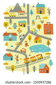 Vertical city map print for nursery carpet. Little autumn town with cars, roads, animals, houses, plants, railway, lake, hospital.