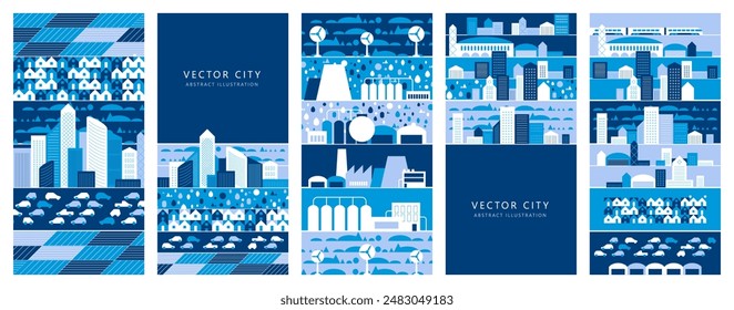 Vertikales Stadtbild Panorama Megapolis Stadt Blick Smart City. Urbane Landschaft mit vielen Gebäuden. Kollektion von Häusern, Wolkenkratzern, Gebäuden, Supermärkten mit Straßen und Verkehr. Vektorillustration