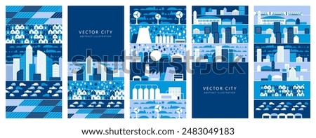 Vertical cityscape panorama Megapolis city view Smart city. Urban landscape with many building. Collection of houses, skyscrapers, buildings, supermarkets with streets and traffic. Vector illustration