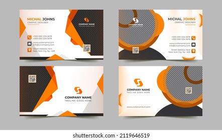 Fondo vectorial de tarjeta de negocio limpio vertical. Los colores negro y naranja. Tarjeta de negocios moderna y corporativa. Diseño de tarjetas planas. Ilustración vectorial.