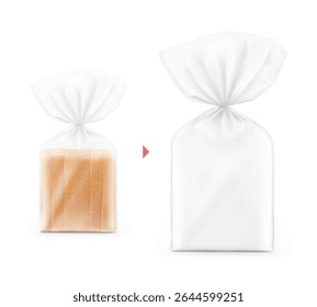 Vertical clear bag with clip band and sliced bread inside mockup. Vector illustration isolated on white background.  Mockup will make the presentation look as realistic as possible. EPS10.
