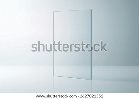 Vertical clear glass rectangle on reflective white surface, clean minimal background