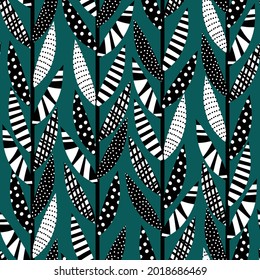 Vertical climbing plants abstract leaves seamless vector pattern. Modern foliage repeating contemporary background. Geometric leaf backdrop modern. Use for fabric, wallpaper, home decor.