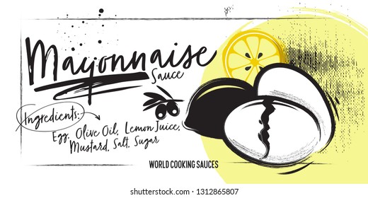 Vertical Coal Poster Mayonnaise Sauce Recipe. Charcoal Poster with coated elements of food