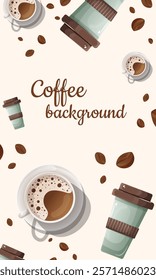 A vertical coffee-themed background featuring cups, beans, and mugs on a white base. Ideal for stories, videos, and covers with a stylish coffee vibe