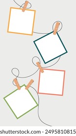 Vertical Collage, Set of Colorful Photo Frames on a Rope, Collage, Pictures on Clothespins, Template, Vector Illustration