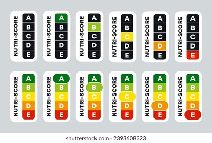 Vertical collection 5-Colour Nutrition Label indicator from green (grade A) to red (grade E) on white background. Nutri-Score system sign for packaging design. Vector illustration 