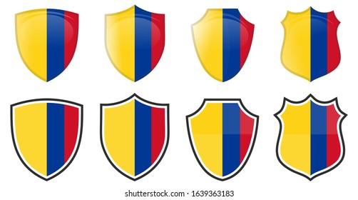 Vertical Colombia flag in shield shape, four 3d and simple versions. Colombian icon / sign