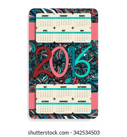 vertical color calendar 2016 hand painted in the style of floral zentangle and Doodle